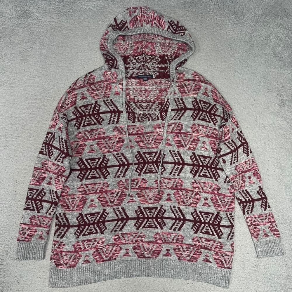 American Eagle Outfitters Sweater Women's Sz S Burgundy Hooded Knit Aztec Boho